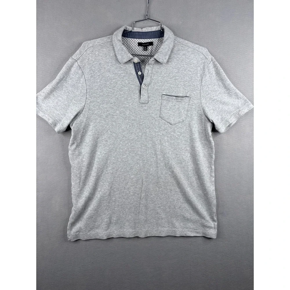 Tahari Mens XL Short Sleeve Polo Shirt Heather Gray Cotton Pocket Jersey Knit